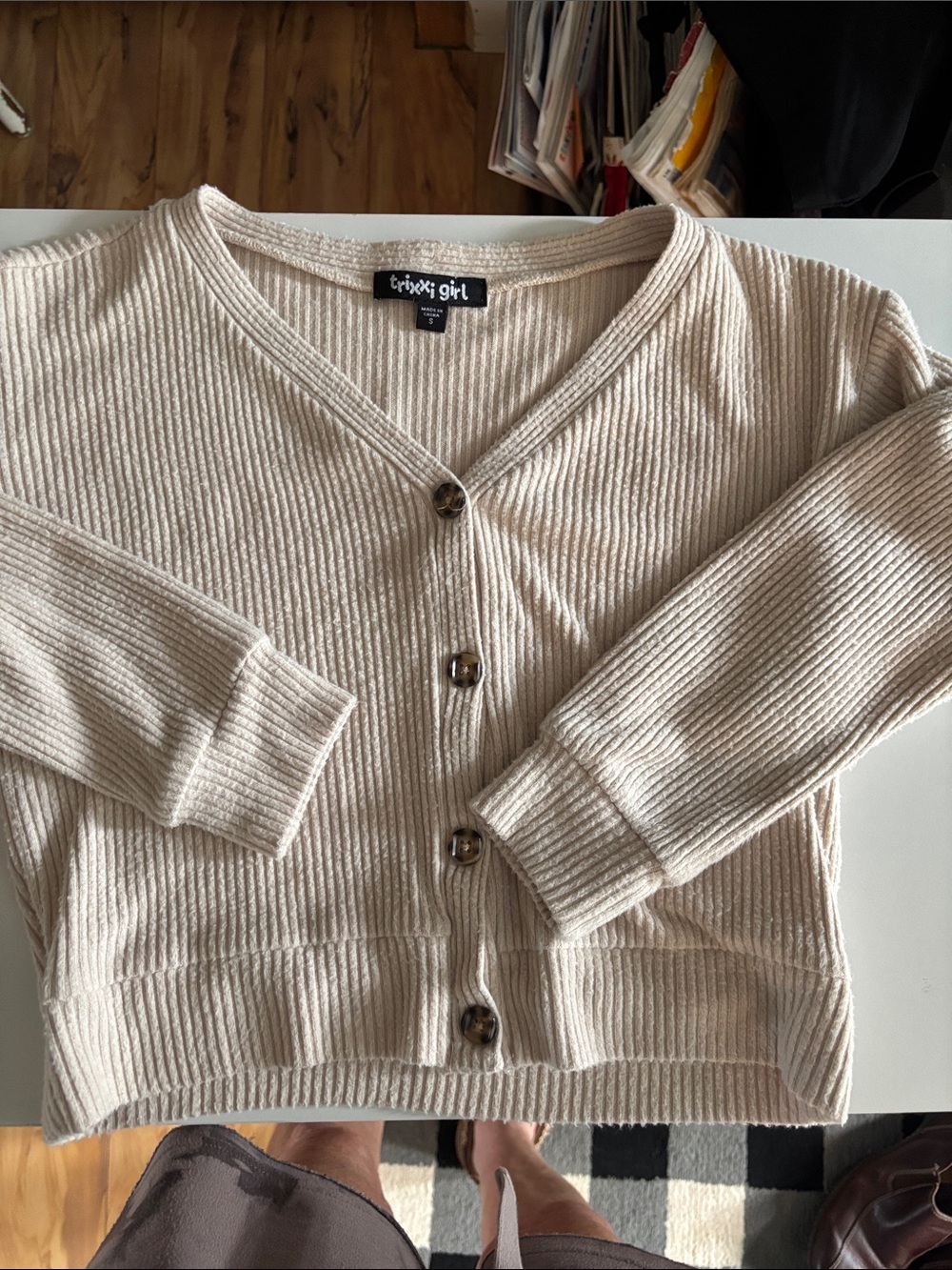 2 Ribbed V-Neck Button Cardigan - Light Blue & Beige - Picture 8 of 10